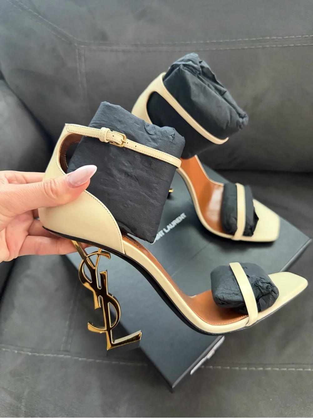 Saint Laurent Cream Leather YSL Monogram Heel Sandals - Picture 3 of 4